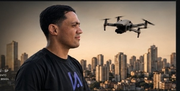 Felipe Magalhães e drone com cidade ao fundo