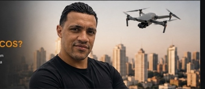 Felipe Magalhães, drone e cidade ao fundo