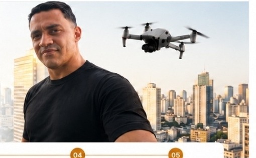 Felipe, drone e cidade ao fundo