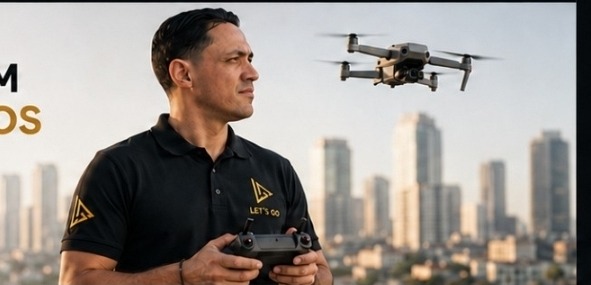 Felipe pilotando drone em ambiente urbano